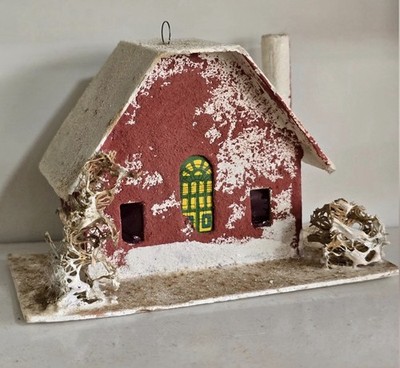 Vtg Cardboard Small Putz Brown Coconut House Mica Trees Christmas Ornament Japan