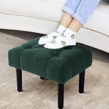 Fur padded foot stool, small ottoman rest with wooden legs, modern rec