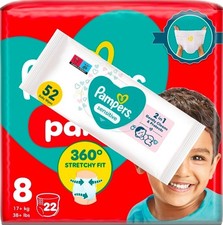Pampers Size 8 + Baby Wipes 22 Nappies + 52 Baby Wipes Unisex 0.59 per nappy