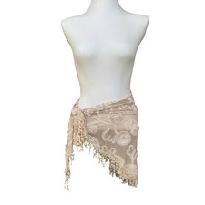 Summer Rose Triangle Sheer Lace Shawl Beige 3D Rosette Floral Wrap with Fringe