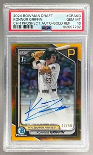 Konnor Griffin 2024 Bowman Chrome Draft Gold Refractor Auto 1st RC 3/50 PSA 10