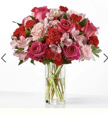Fresh Rose Carnation Bouquet Pink Red Green Flower Arrangement in Glass Vase