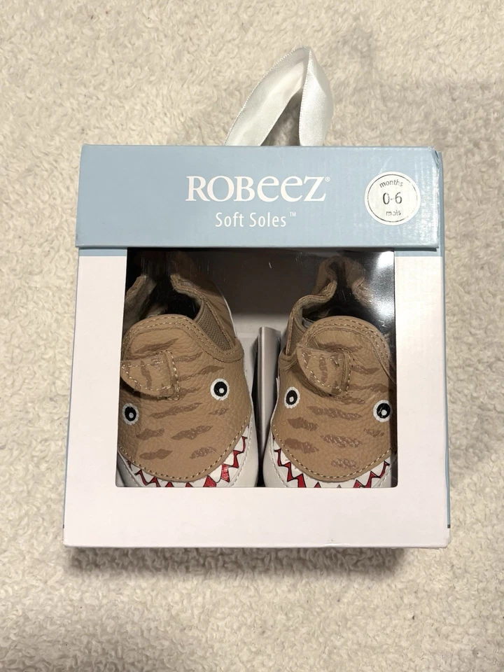 ROBEEZ Bebé Niño 0-6 Meses Cuero Tostado Tigre Tiburón Suela Suave Zapatos NUEVO Foto 2 de 4