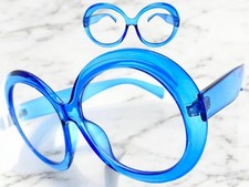 OVERSIZE EXAGGERATED Retro Clear Lens EYE GLASSES X Large Thick Round Blue Frame