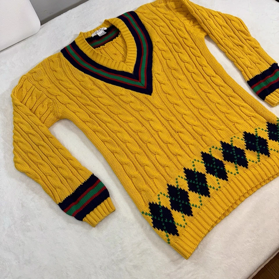 VTG IZOD Cable Knit Sweater Mens V Neck Tennis Yellow Striped 100% Cotton Sz S - Image 2 of 4