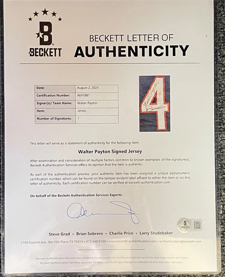 Camiseta autografiada de Walter Payton, Becketts C.O.A. Dulzor Foto 4 de 4