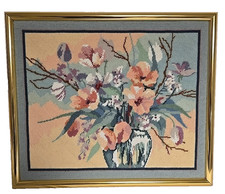 Completed Framed Needlepoint Embroidery Floral Bouquet 80s 90s Lg 21x18 in Pink