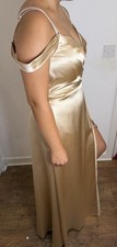 Azazie Size 10 Gold Satin V-Neck Long Slip Dress Sleeveless Straps Slit