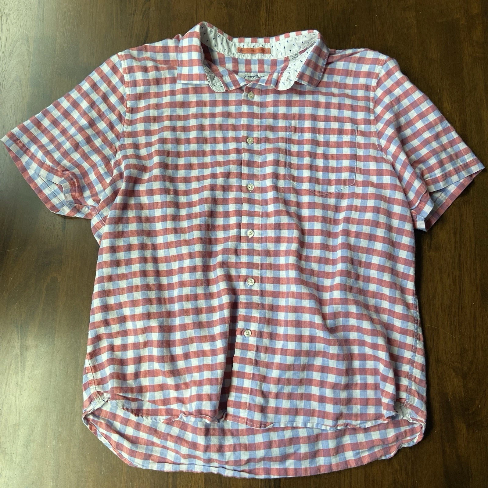 Tommy Bahama Linen Blend Shirt Men XL Red Blue Gingham Plaid Short Sleeve Casual