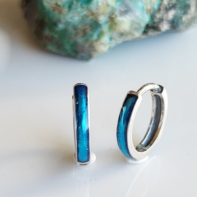 925 Sterling Silver Blue Enamel 2 Side Channel Hoop 12.5mm Small Earrings