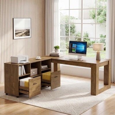 63'' L-Shaped Executive Desk Rustic Home Office Computer Desk with File Cabinet