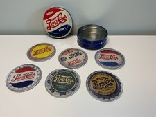 PEPSI-COLA SIX 3 1/2" COASTER SET IN PEPSI-COLA TIN, CORK BACK, Vintage Unique