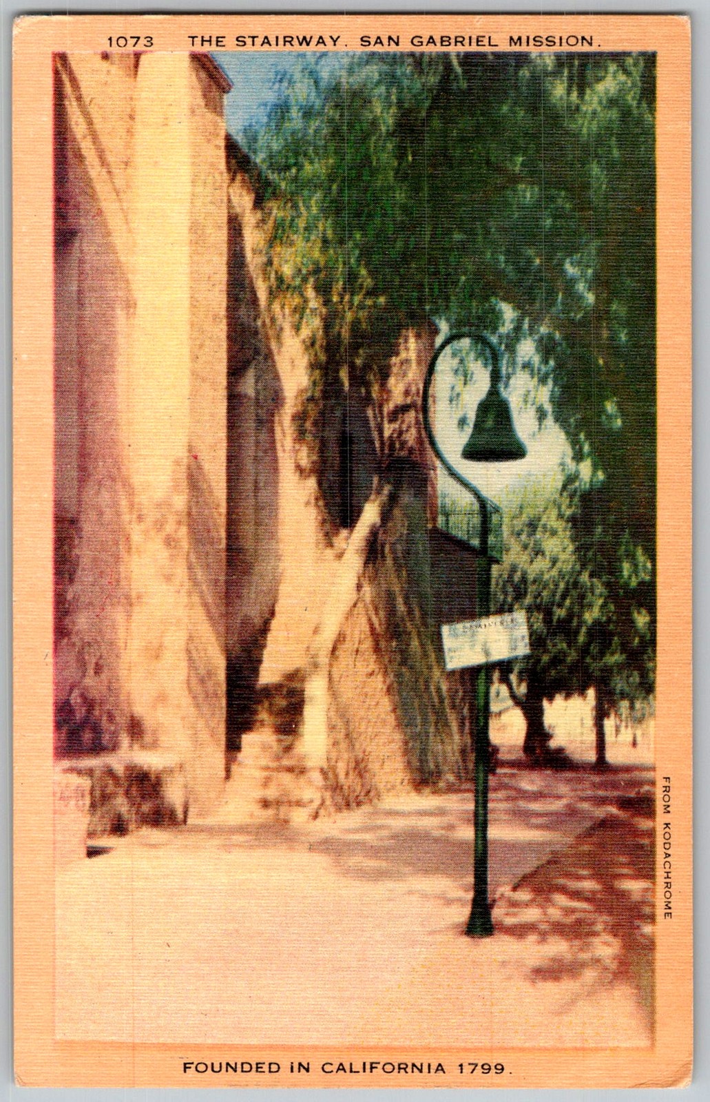 Vtg Linen Postcard Mission Stairway San Gabriel, CA 1940s