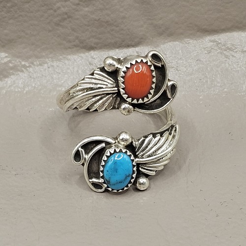 NEW! Navajo Handmade Sterling Turquoise and Coral Ring Adjustable-Size 7.5