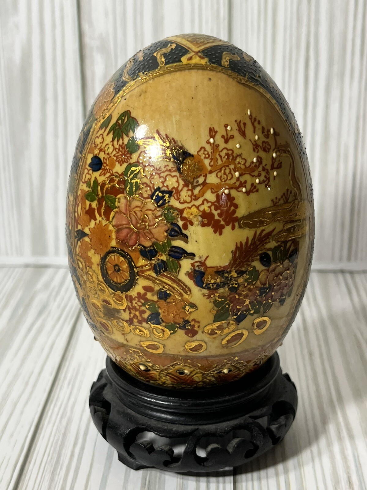 Vintage SATSUMA EGG Gold Gilt Flowers 4" WOODEN STAND eBay