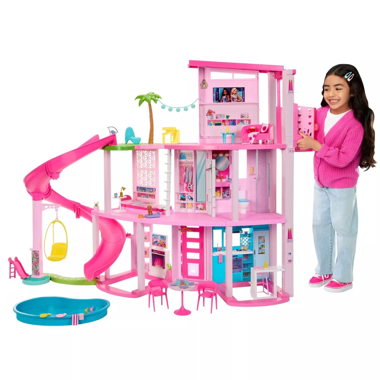 New Barbie Dreamhouse, 75+ Pieces, Pool Party Doll House with 3 Story Slide