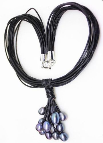 Fashion Women's Natural 10-11mm Black Freshwater Pearl Leather Necklace 17.5'' - Picture 6 of 6