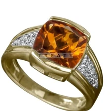 Citrine Cushion Cut With 925 Sterling Silver Gold Plated Ring For Men's #B799