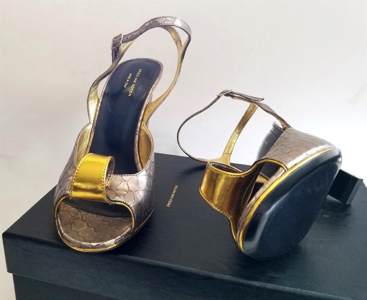 $875 DRIES VAN NOTEN WW24 Silver Gold Leather Designer Heel