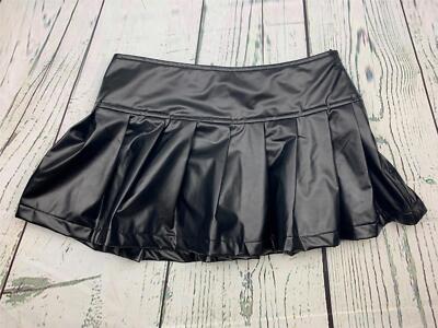 Short Mini Skirt Women Trendy High Waisted Faux Leather Pleated Solid  Ruffle XS