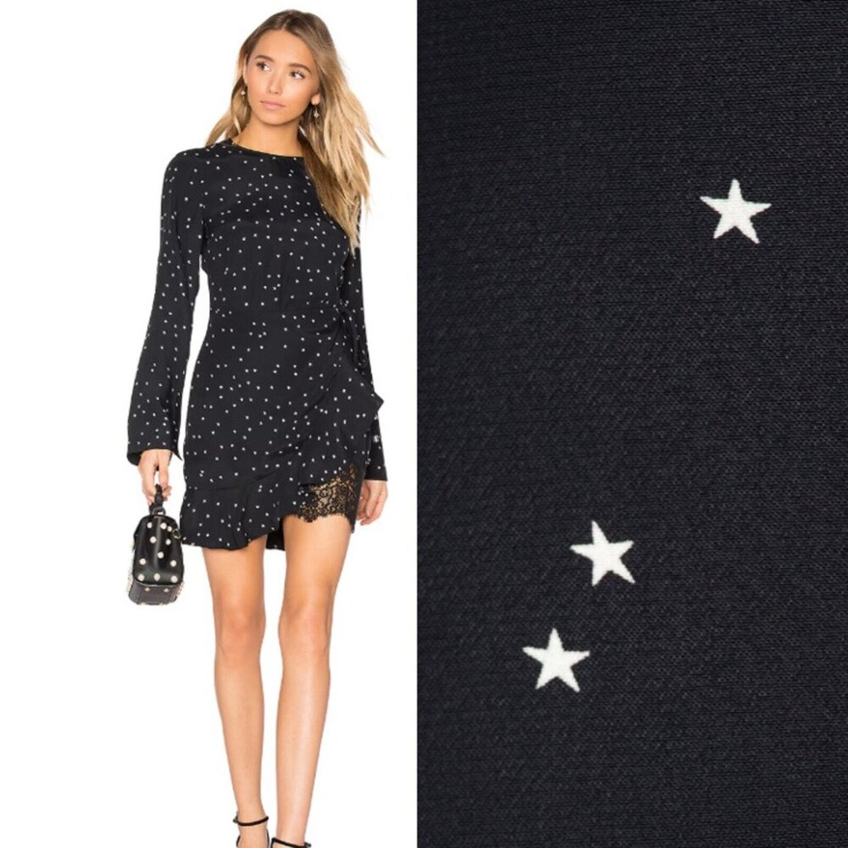 24PF new/REBECCA VALLANCE ベルスリーブドレス Dress Black Rebecca Vallance Dress Bella Mini Wrap Long Sleeve in Star