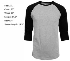 3/4 Sleeve Plain T-Shirt Baseball Raglan Jersey Sports Men's Tee Gray Black 2XL