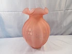 Fenton Pink Satin Glass Hand Painted Vase w/ Ribbed Design Pink White Flowers