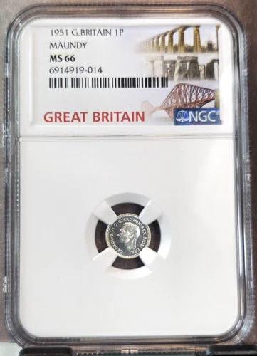 1951 GREAT BRITAIN SILVER 1 PENCE GEORGE VI MAUNDY NGC MS 66 RARE GEM TOP POP