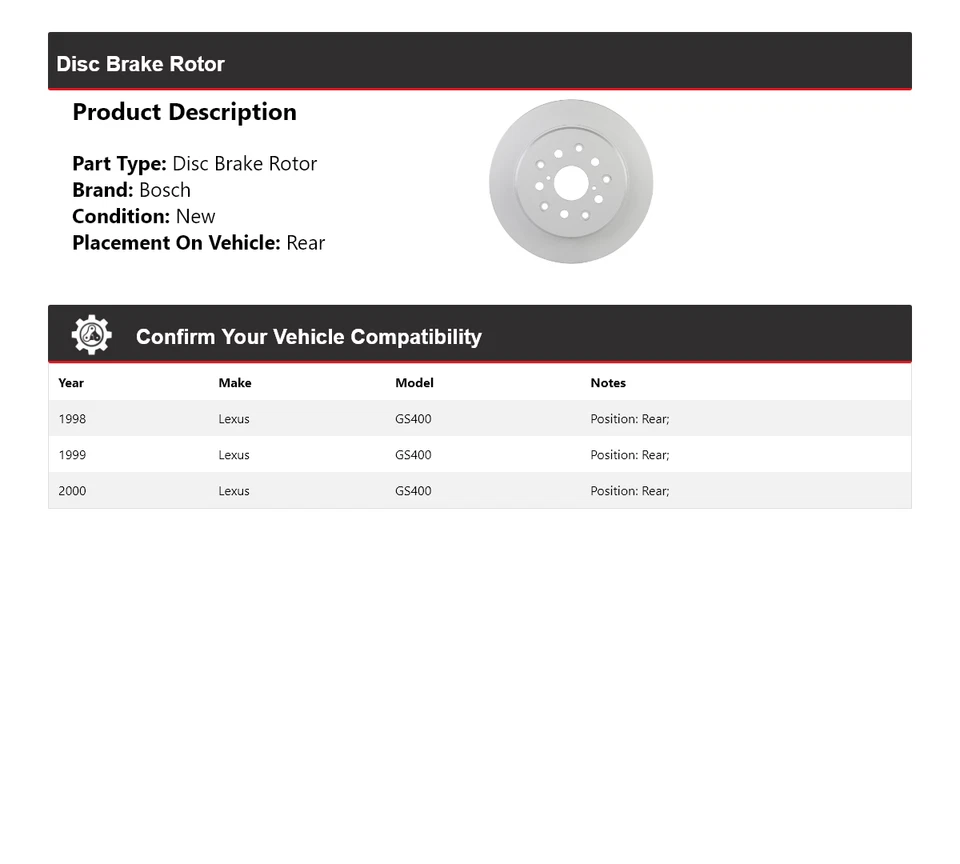 Rotor de freno de disco trasero para Lexus GS400 1998-2000 Bosch QuietCast 1999 Foto 2 de 4