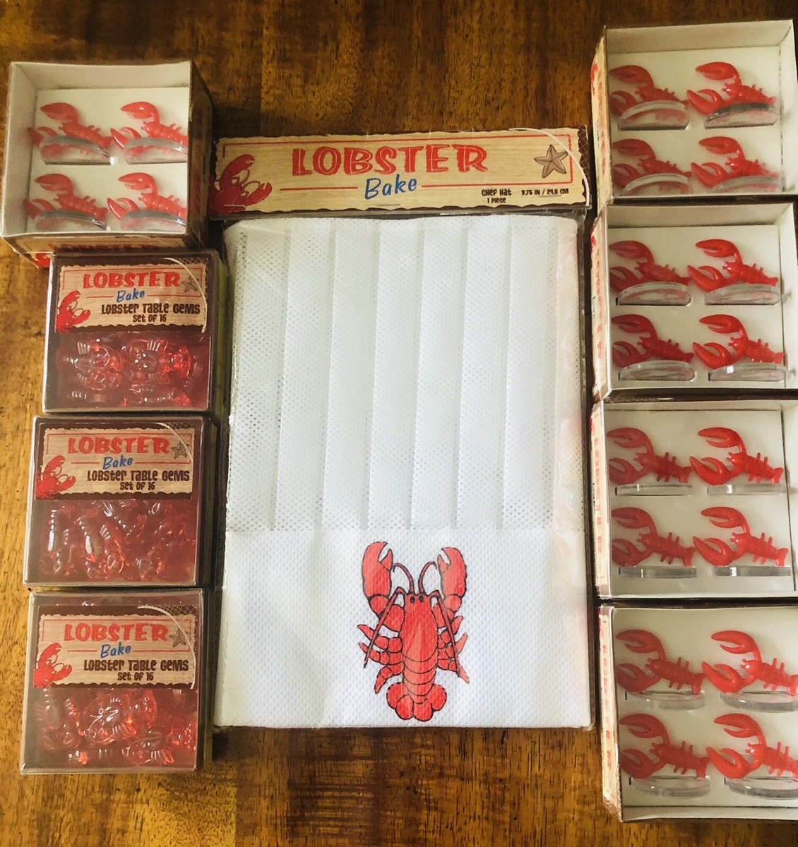5 Sets Lobster Bake Place Card Holders, 3 Boxes Lobster Table Gems & 1 Chef Hat