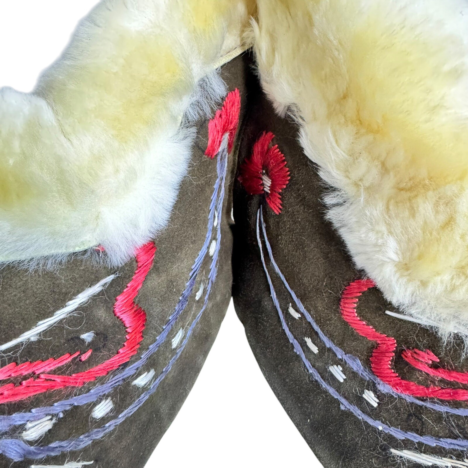 Pixie Brown Fur Lined Suede Embroidered Slippers … - image 3