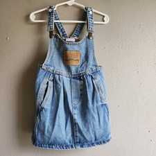 Vtg Guess 3t Blue Jean Denim Dress Pockets Leather Patch Metal Snap Clips Retro