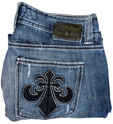 Affliction Men's Blue Jeans Sz 34x27 Altered Shorter Stature Black Fleur Pocket