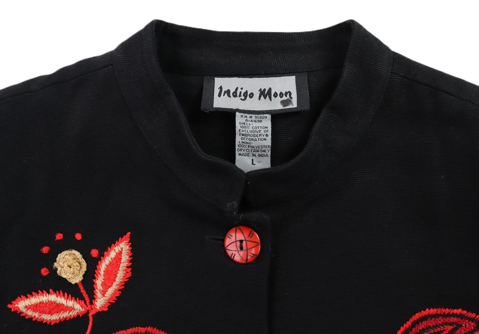 INDIGO MOON US Women’s L Black 100% Cotton Floral Embroidered Coat Evening Party - Изображение 4 из 4