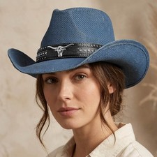 Boho Oval Steer Head Buckle Studded Faux Leather Band Straw Western Cowboy Hat