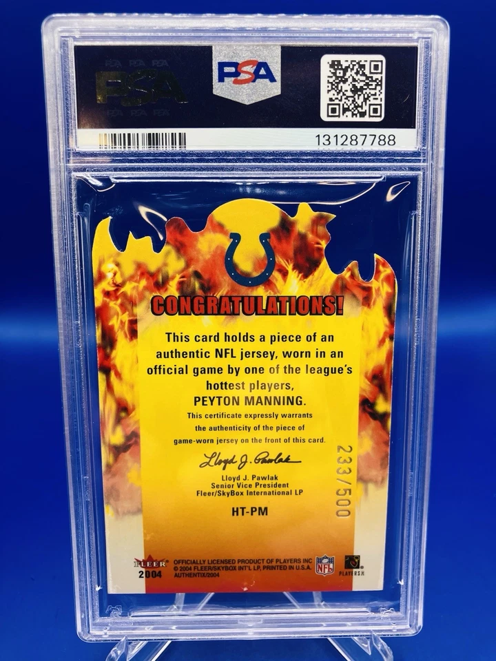 POP 1 Peyton Manning 2004 Fleer Authentix Hot Ticket Die-Cut GU Jersey /500 PSA - Image 2 of 2