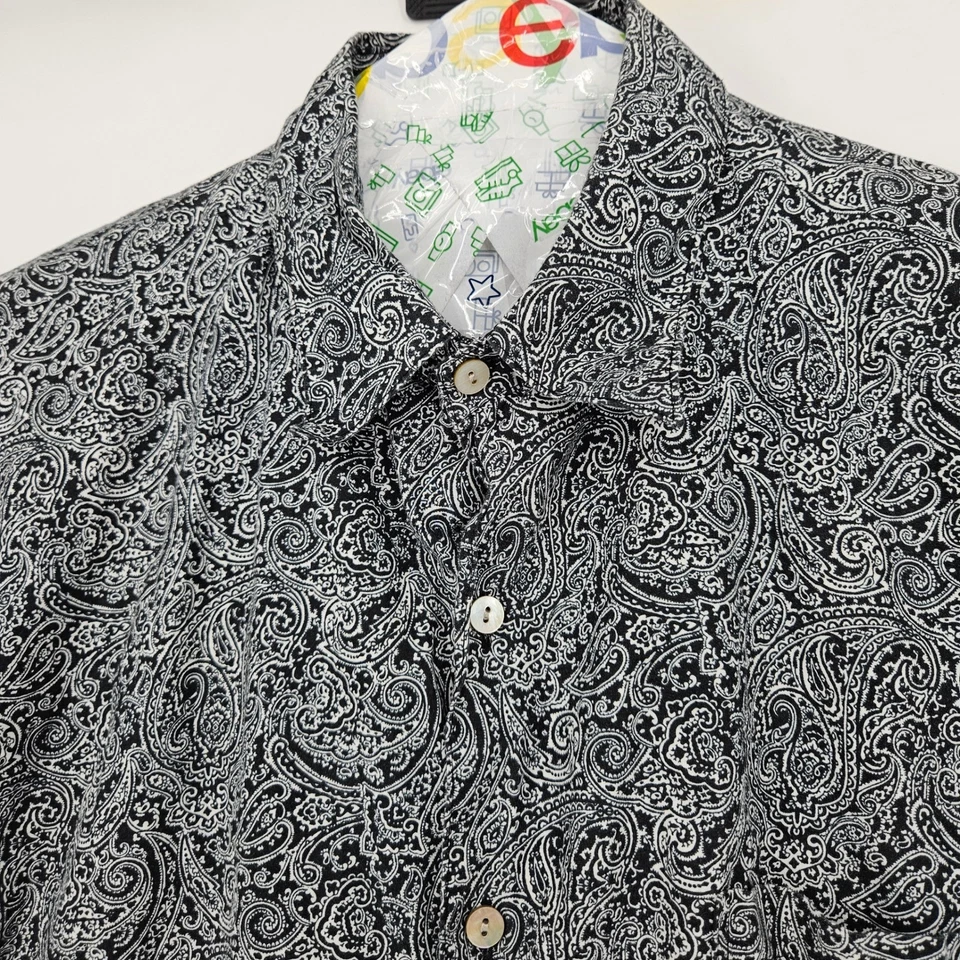 Camisa Tori Richard Para Hombre Grande Cachemira Abotonada Manga Corta Negra Blanca AOP Foto 2 de 4