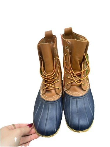 L.L. Bean Bean Boots 8" Women's 9M Tan Navy Duck Boot Made in Maine USA 212880
