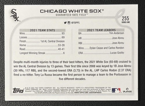 2022 Topps #255 Chicago White Sox Chicago White Sox Baseball Card - Picture 2 of 2