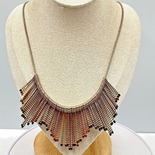 Vintage Style Gold Tone Fringe Bib Necklace, Textured Bar Drop Statement Jewelry