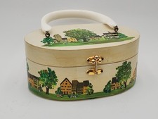 Vintage Handpainted Box Purse Wood wLucite Handle Decoupage Village Lined