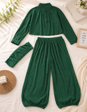 Women s Green Pleated 3-Piece Set Button-Up Shirt Wide-Leg Pants Headband