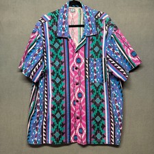 Vtg Handmade Button Up Shirt 90s Aztec Southwestern Pattern Multi-Color Retro
