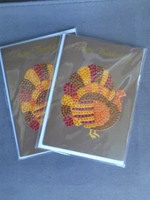 Two New PAPYRUS THANKSGIVING CARDS Bling Turkey Day Art Bedazzled Turkey Cards