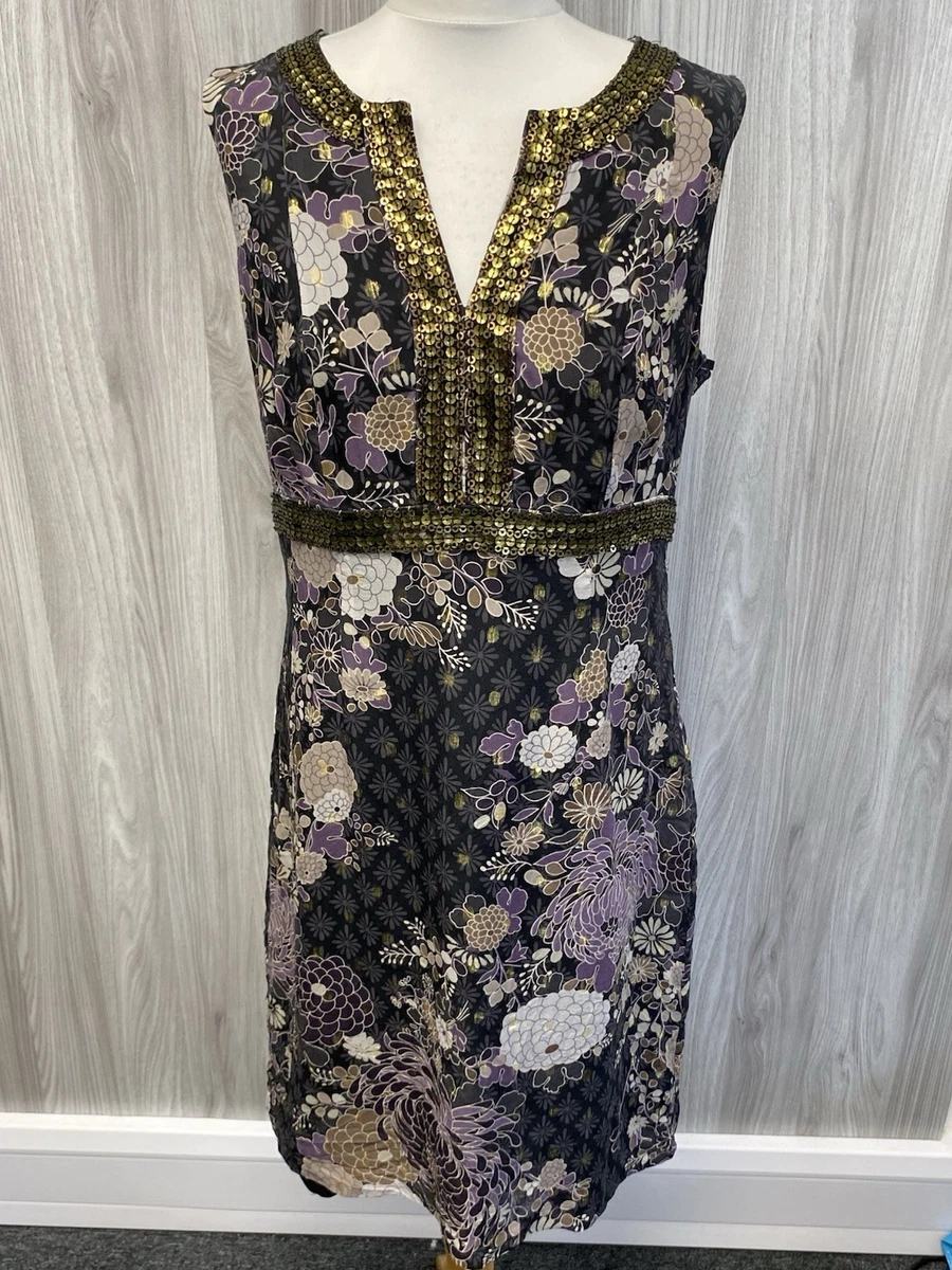slim fit dress slacks MONSOON BLACK FLORAL PRINT GOLD SEQUIN TRIM SHIFT DRESS SIZE 14 – Whispers  Dress Agency main image 1