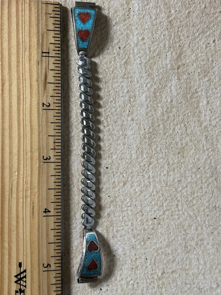 Pulseira de relógio vintage nativa americana coração turquesa e coral com incrustação elástica - Imagem 3 de 4