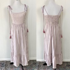 Lulu’s Magnificent Moments Cream Purple Striped Midi Dress Tassel Tie Strap Sz M