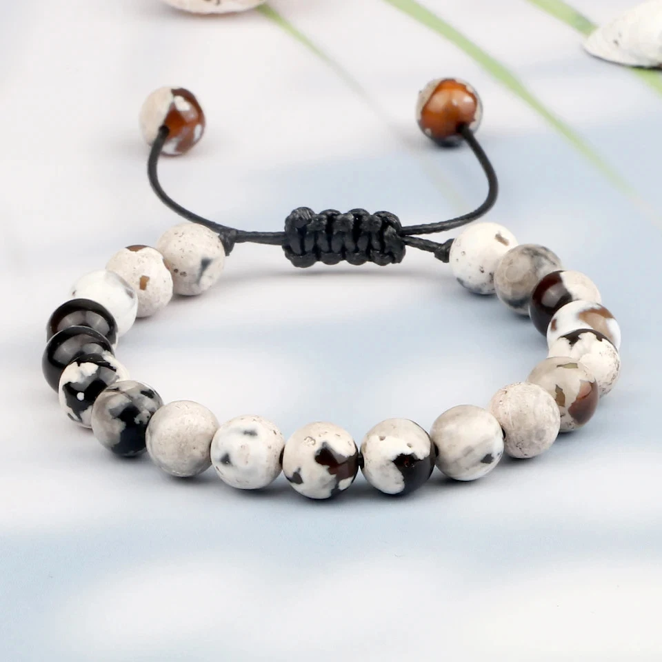 Pulseira ajustável masculina de contas de pedra ônix ágata fogo 8 mm energia natural joias - Imagem 3 de 4