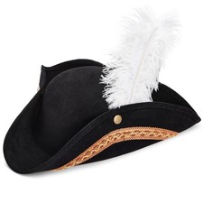 Black Tricorn Pirate Hat with Feather - 15 x 13 x 3.5 Inches