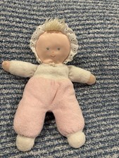 Vintage Eden Pink White Doll Terry Cloth Blue Eyes Bonnet Lace Plush 10  